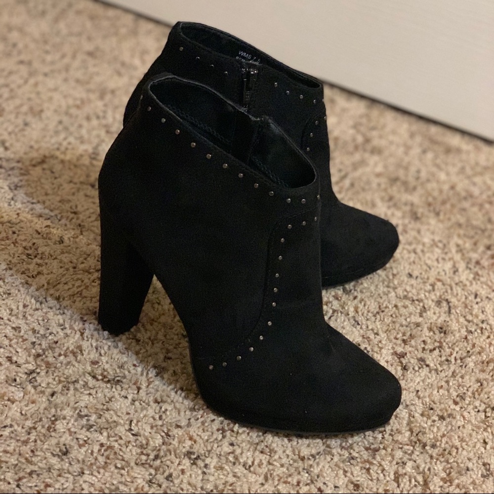 Studded black suede heeled boots